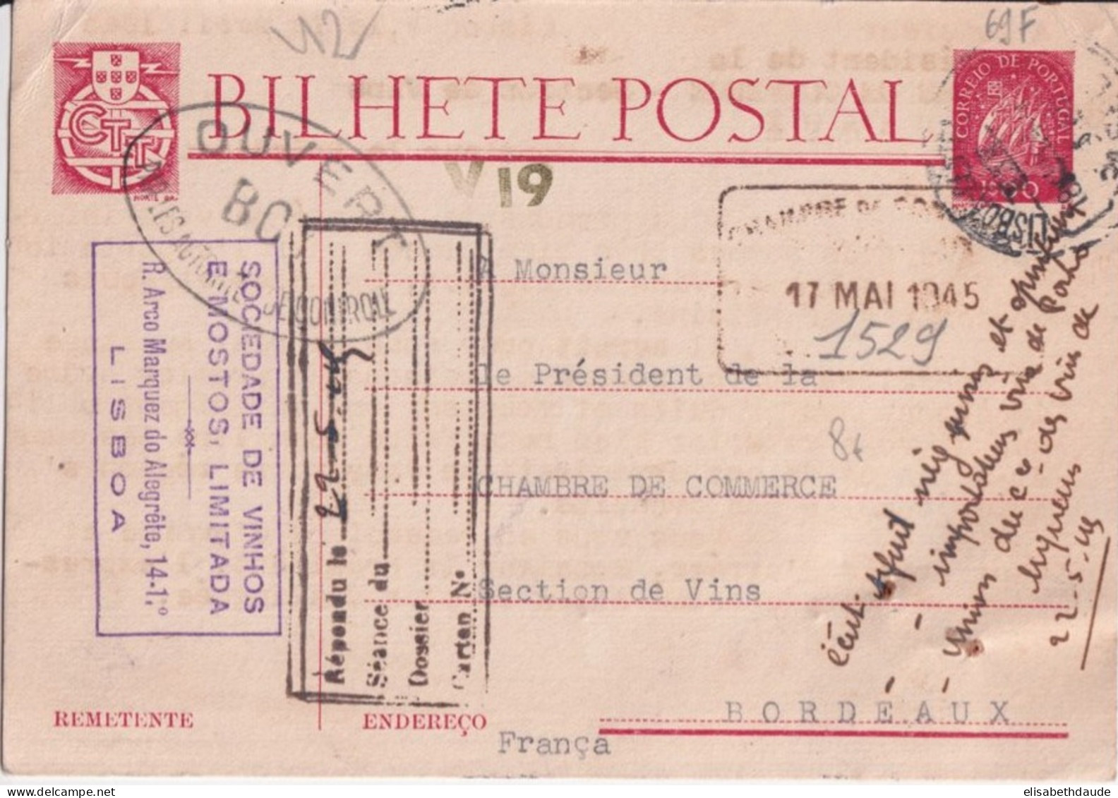 1945 - PORTUGAL - CARTE ENTIER De LISBONNE => BORDEAUX - VINS / ALCOOLS - Enteros Postales