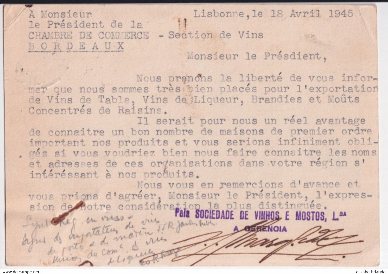 1945 - PORTUGAL - CARTE ENTIER De LISBONNE => BORDEAUX - VINS / ALCOOLS - Postal Stationery