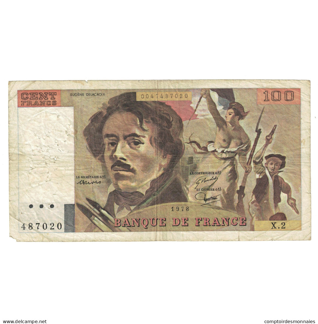 France, 100 Francs, Delacroix, 1978, X.2, B+, Fayette:68.2, KM:153 - 100 F 1978-1995 ''Delacroix''