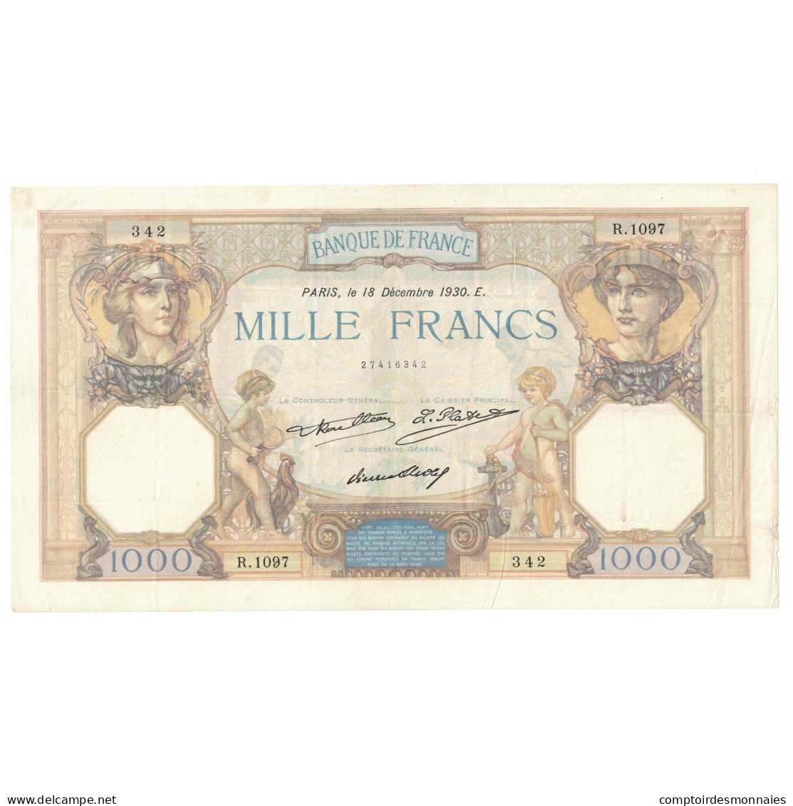 France, 1000 Francs, Cérès Et Mercure, 1930, R.1097, TTB+, Fayette:37.5 - 1 000 F 1927-1940 ''Cérès Et Mercure''