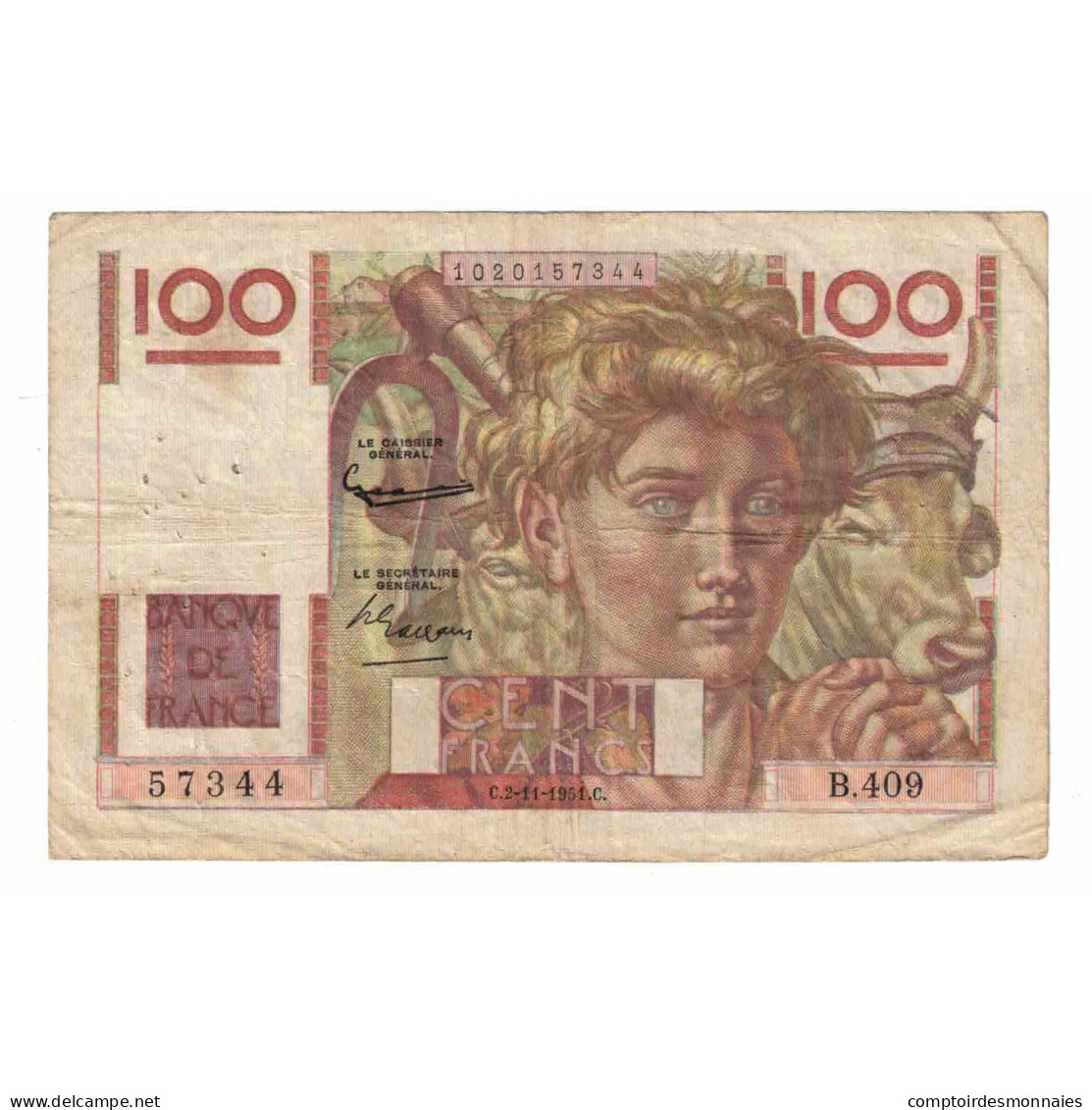 France, 100 Francs, Jeune Paysan, 1951, B.409, TB, Fayette:28.30, KM:128d - 100 F 1945-1954 ''Jeune Paysan''