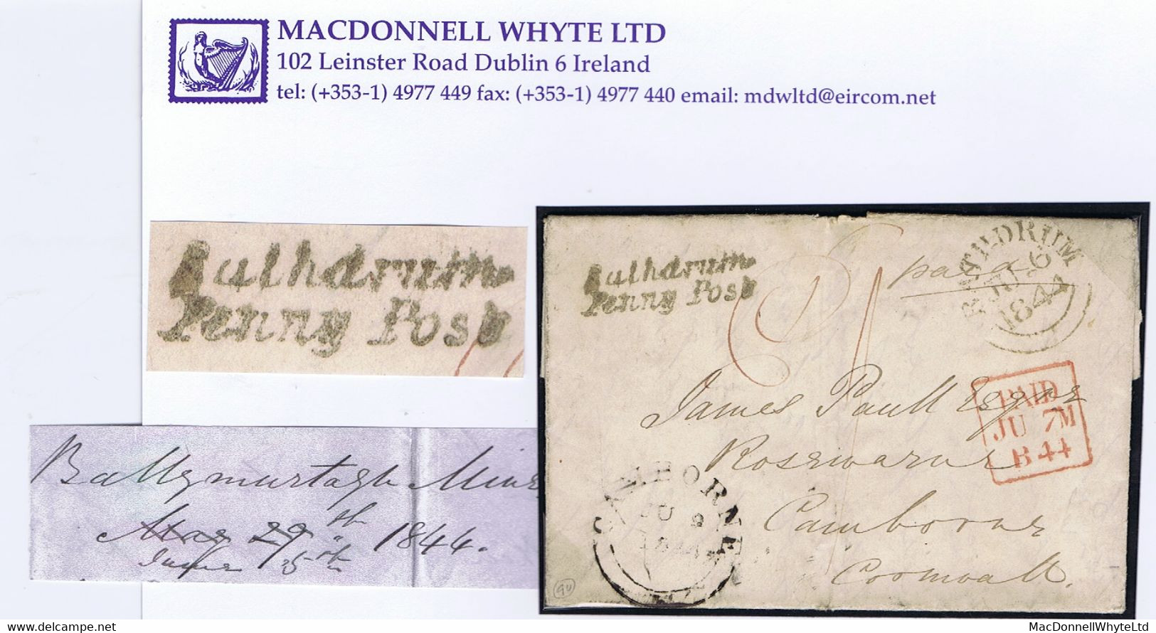 Ireland Wicklow Mining 1844 Ballymurtagh Mine To Cornwall With Italic "Rathdrum/Penny Post" In Olive-grey, Prepaid "1" - Préphilatélie