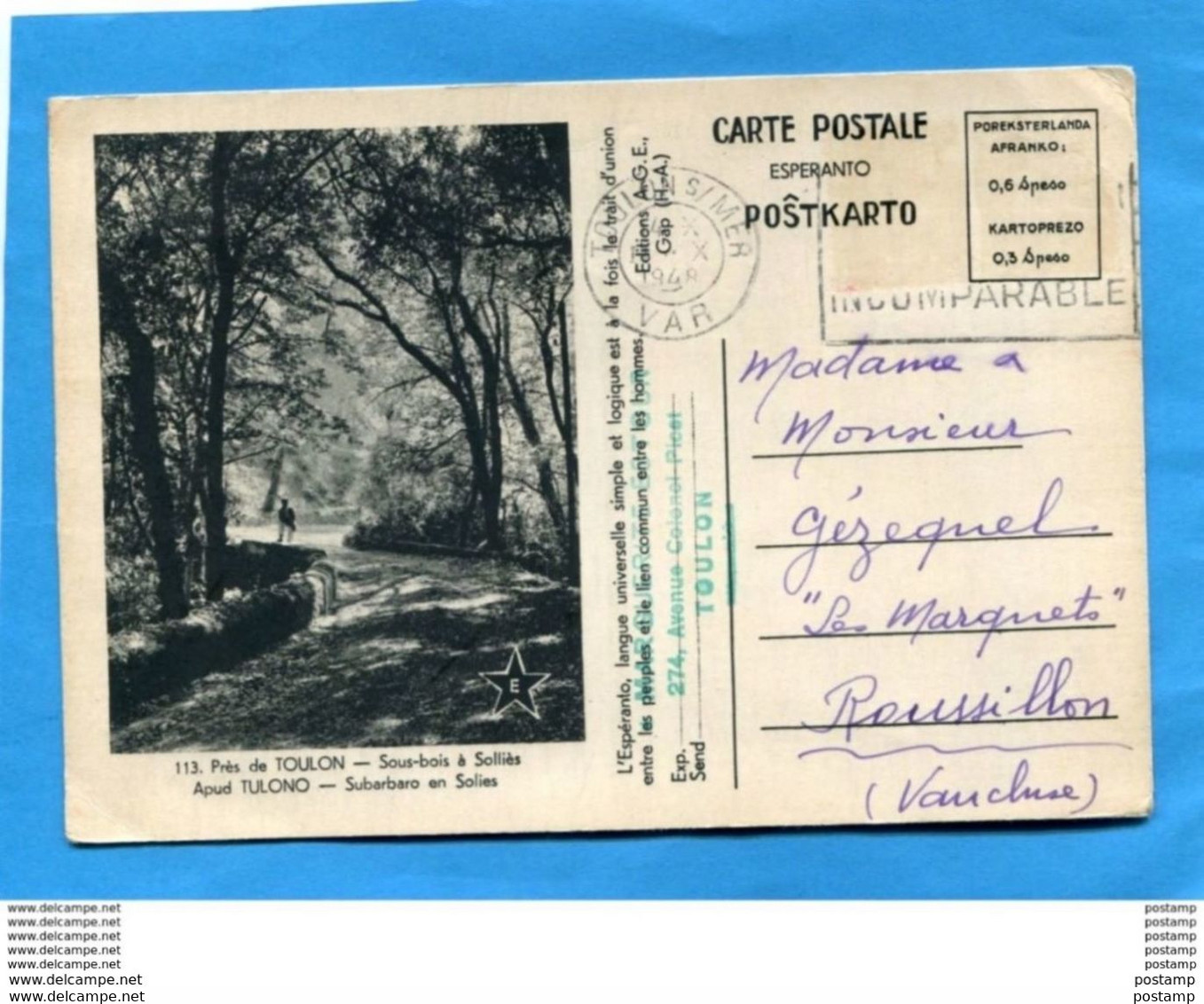 SOLLIES-83- -sous Bois- Un Promeneur  - ""carte Espéranto Peu Commune ""-  A Voyagé En 1948 - Esperanto