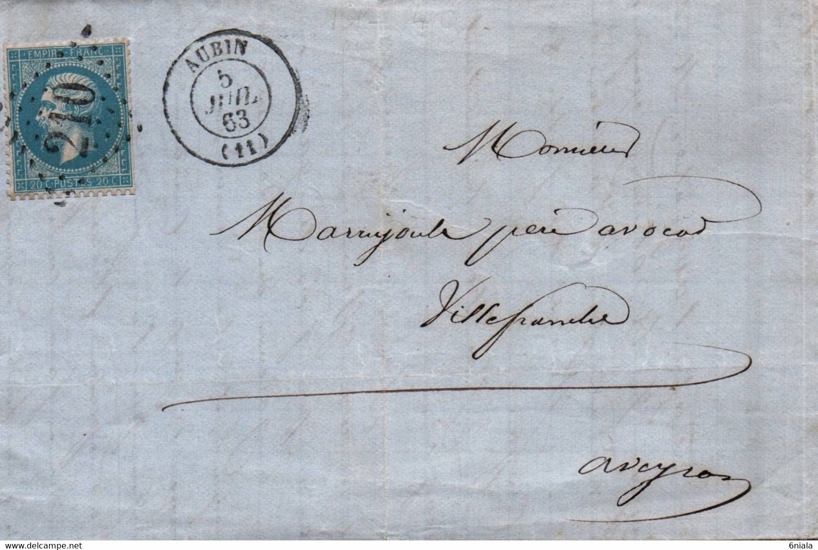 7698  LETTRE  20C Napoléon  AUBIN  (12 Aveyron) GC 210 Gros Chiffres   Pour Villefranche  5 07 1863   (recto-verso) - 1849-1876: Période Classique