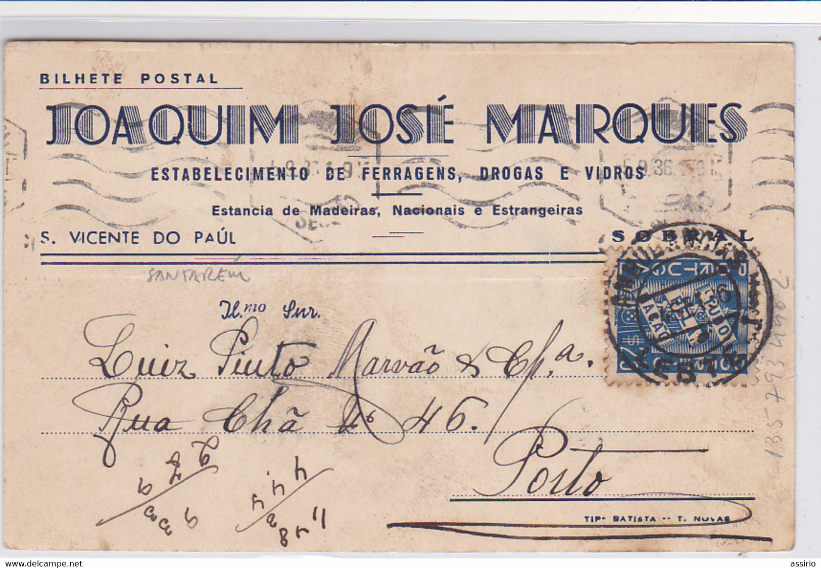 Portugal -Bilhete Postal Circulou  De  S. Vicente Do Paúl Para O Porto Em1936 - Santarem