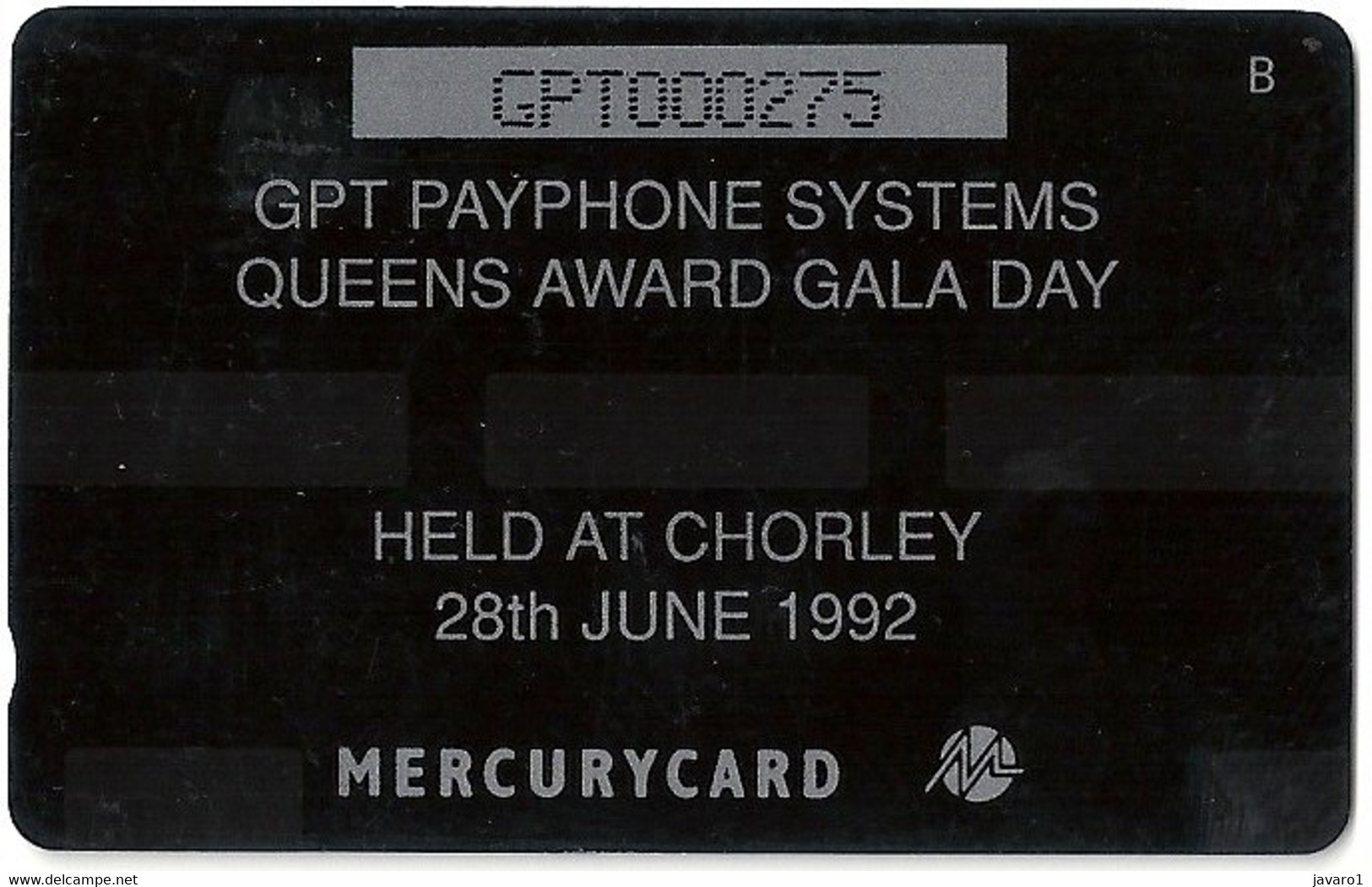 GPT DEMO : QA01 GPT QUEENS AWARD GALA DAY At CHORLEY 28/6/92 ( Batch: GPT0000491) USED - Eurostar, Cardlink & Railcall