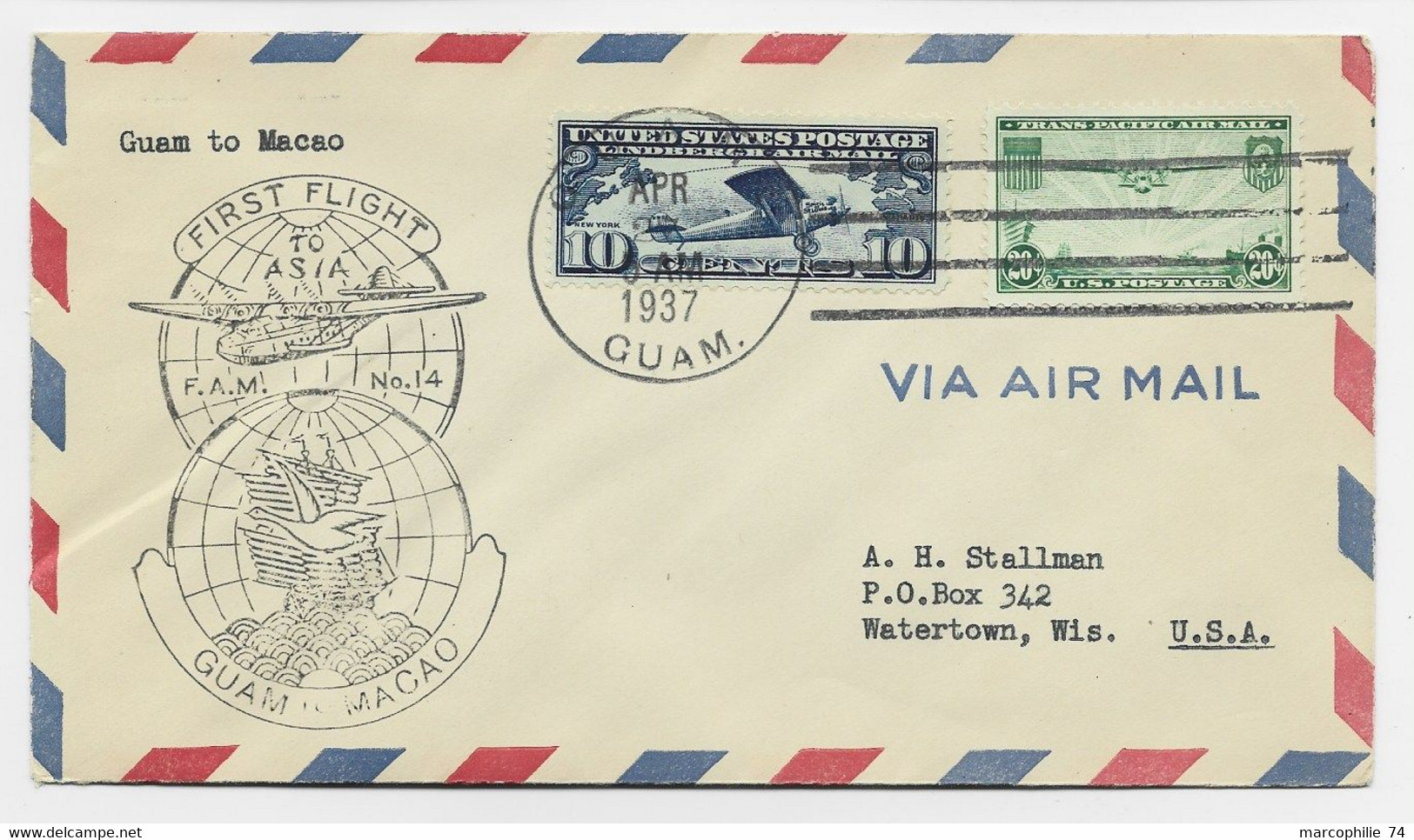 USA LETTRE COVER AIR MAIL FIRST FLIGHT ASIA GUAM MACAO APR 27 1937 TO USA - Poste Aérienne