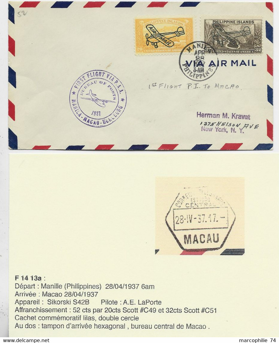 PHILIPPINE ISLANDS MANILLA LETTRE COVER AIR MAIL FIRST FLIGHT ASIA GUAM MACAO APR 28 1937 TO USA - Poste Aérienne