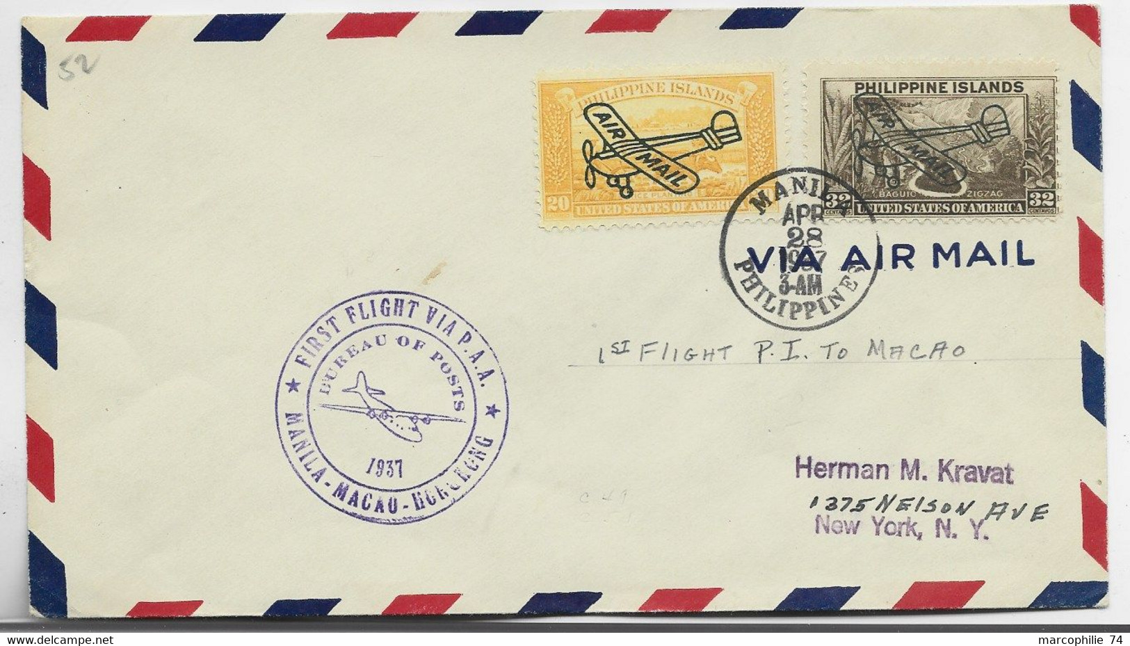 PHILIPPINE ISLANDS MANILLA LETTRE COVER AIR MAIL FIRST FLIGHT ASIA GUAM MACAO APR 28 1937 TO USA - Corréo Aéreo