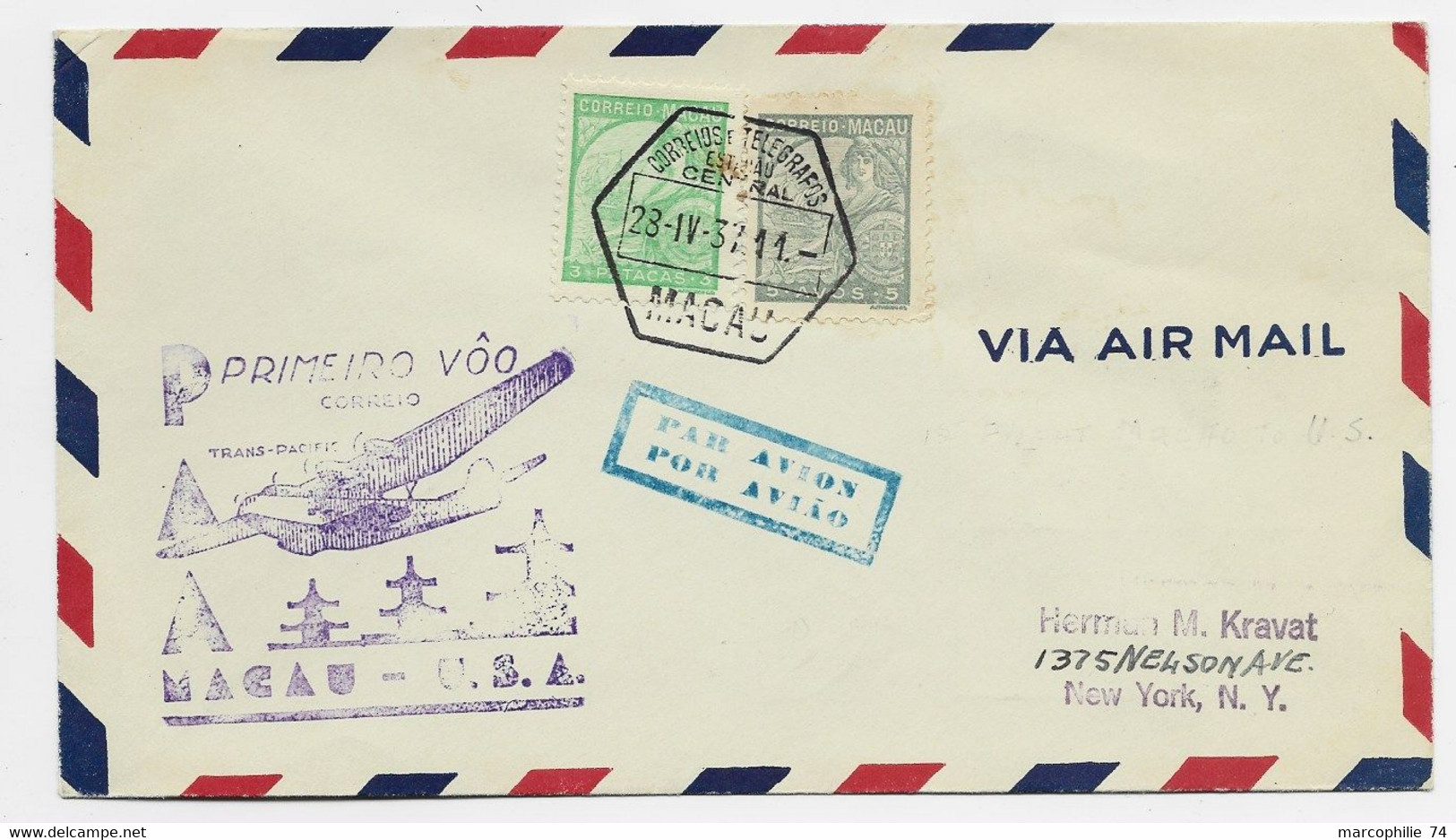 MACAU 5A+3P  LETTRE COVER AIR MAIL FIRST FLIGHT ASIA MACAU 28.IV .1937 TO USA - Posta Aerea