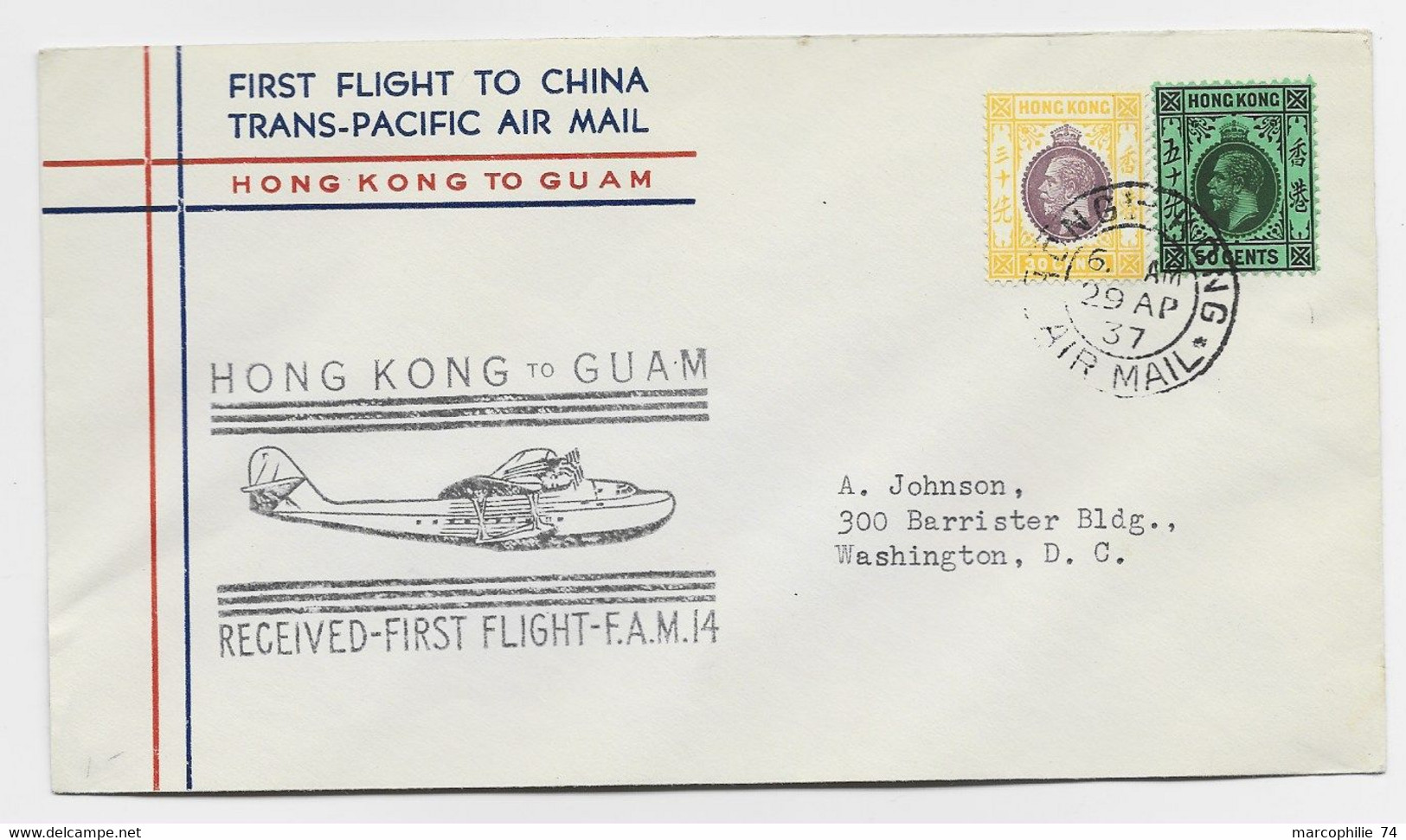 HONG KONG 30C+50C LETTRE COVER AIR MAIL 19 AP 1937 FIRST FLIGHT TO CHINA TRANS PACIFIC GUAM TO USA - Brieven En Documenten