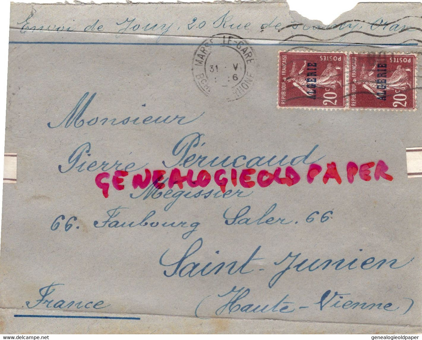 ALGERIE- JOUY ORAN-  PIERRE PERUCAUD MEGISSIER MEGISSERIE ST SAINT JUNIEN- CACHET MARSEILLE 1926 - Poste Aérienne