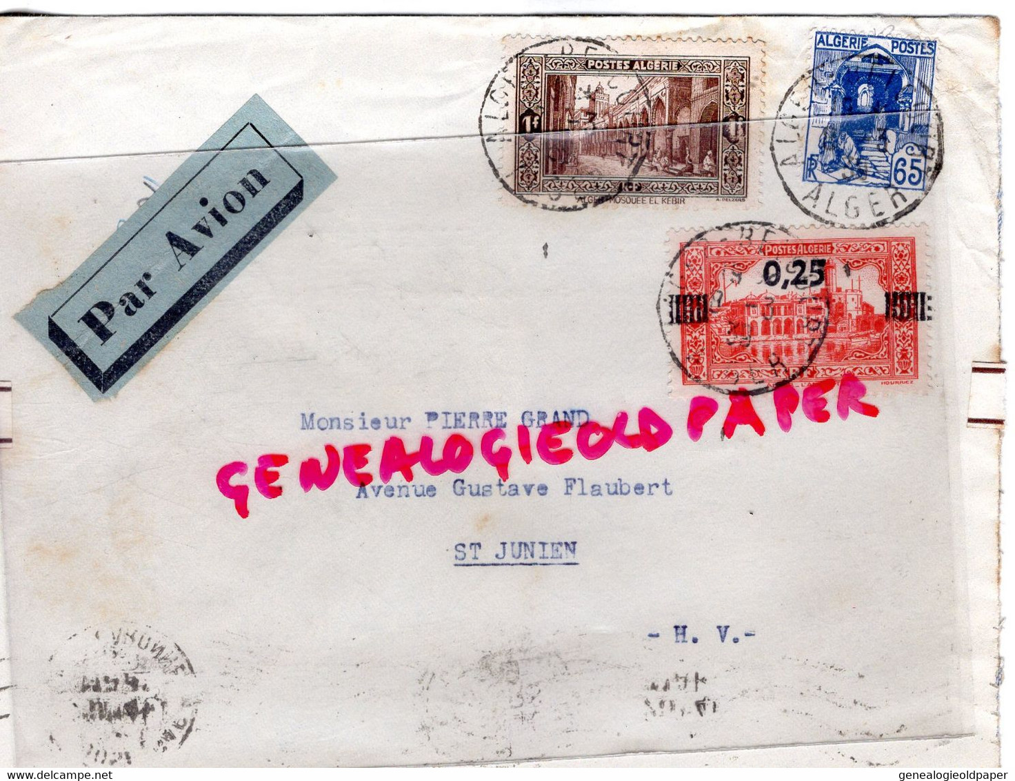 ALGERIE-ALGER-SOCIETE NORD AFRICAINE VENTES PUBLIQUES-MUSTAPHA RUE DOULLENS-PIERRE GRAND GANTERIE  ST SAINT JUNIEN 1939 - Airmail