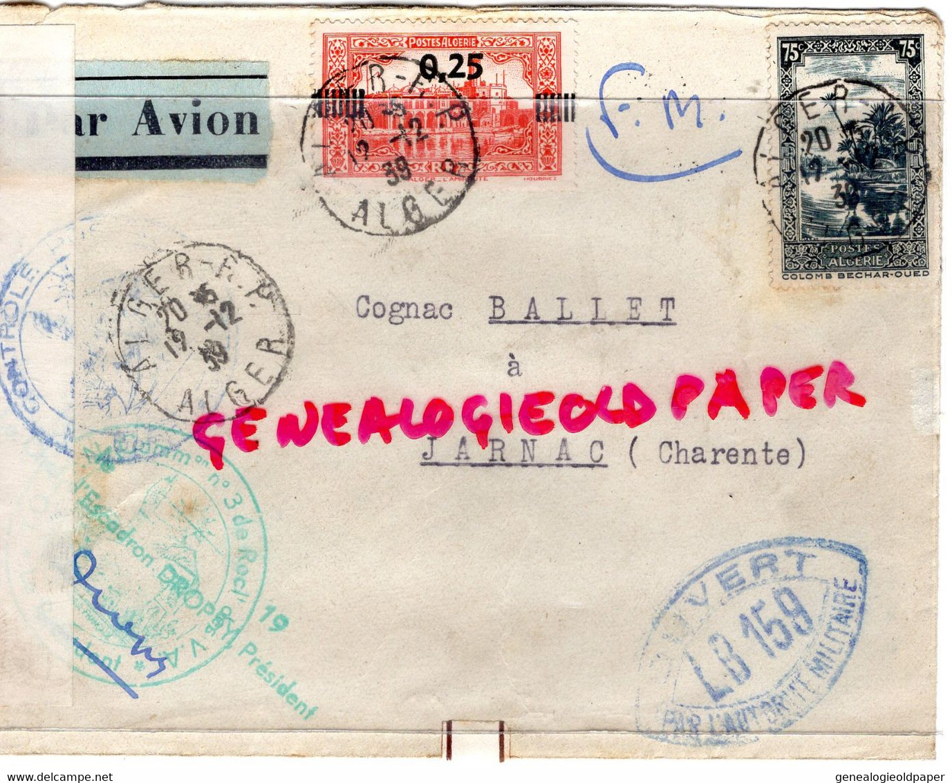 ALGERIE- ENVELOPPE AVION ALGER- COGNAC BALLET A JARNAC-CONTROLE POSTAL MILITAIRE 1939-GUERRE ESCADRON DROP Y - Aéreo