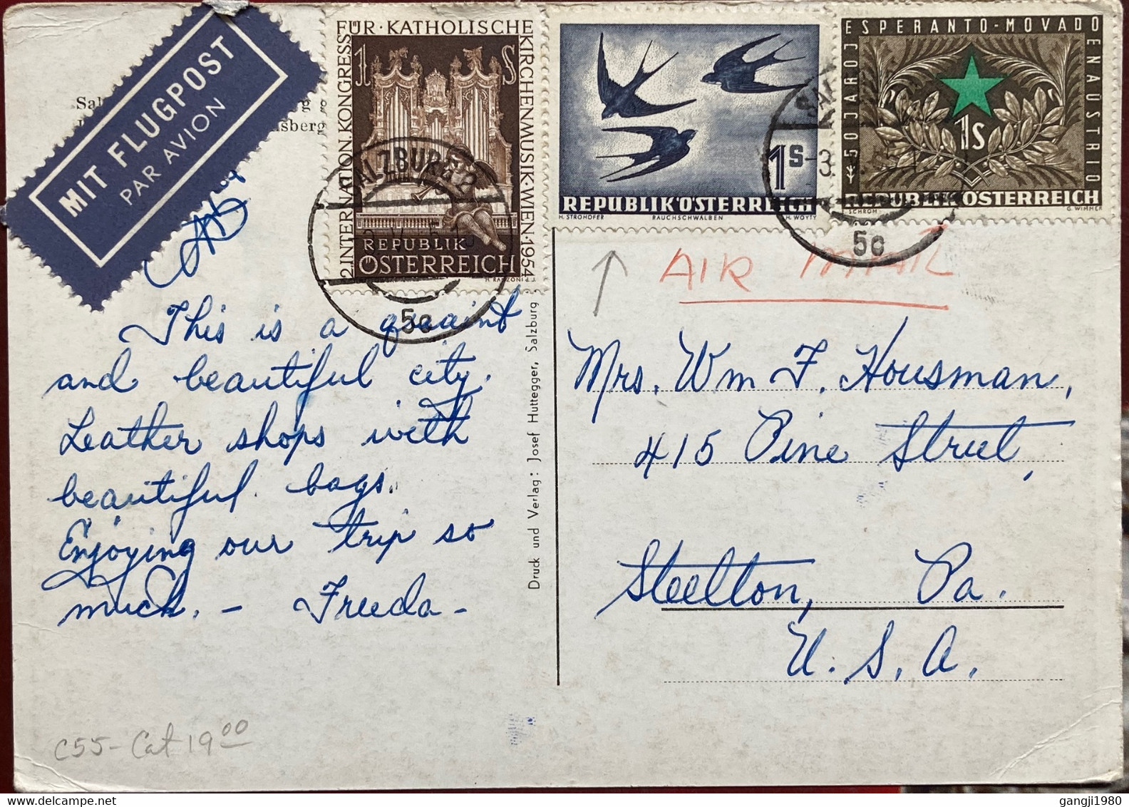 AUSTRIA 1950, AIR ,BIRD SWALLOWS CAT 19$, CHURCH & ESPARANTO MOVEMENT, 3 STAMPS USED COVER POSTCARD TO USA - Used Stamps