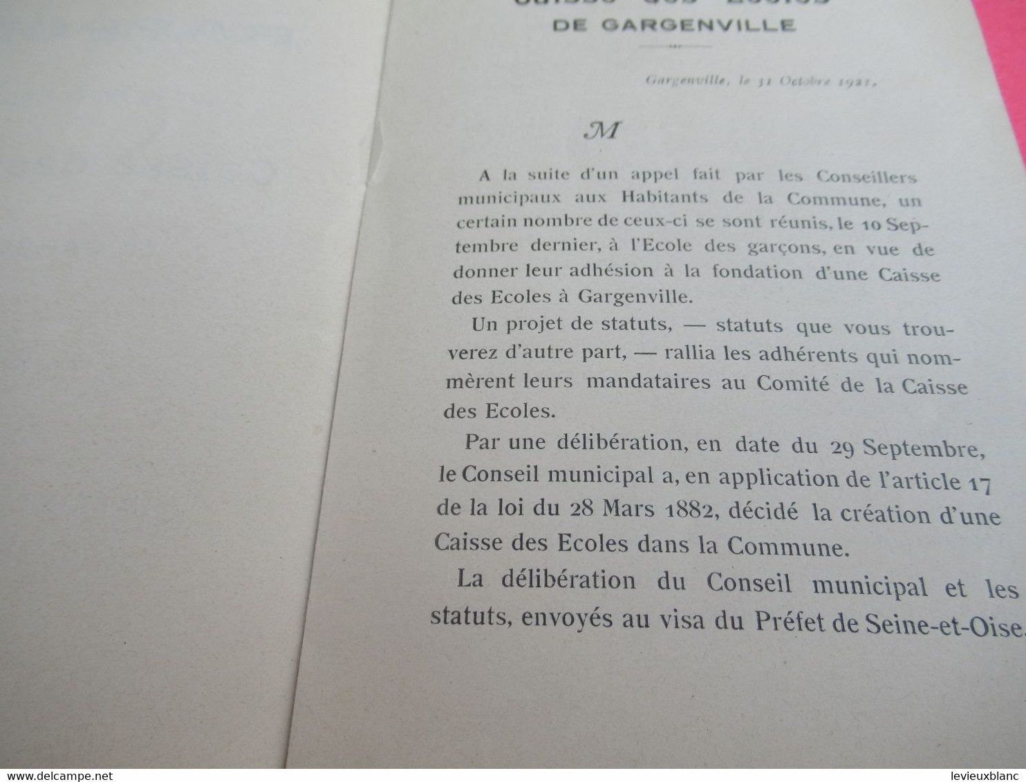 Rapport Sur La Fondation De La CAISSE Des ECOLES De GARGENVILLE /République Française/1921  CAH332 - Diplomas Y Calificaciones Escolares