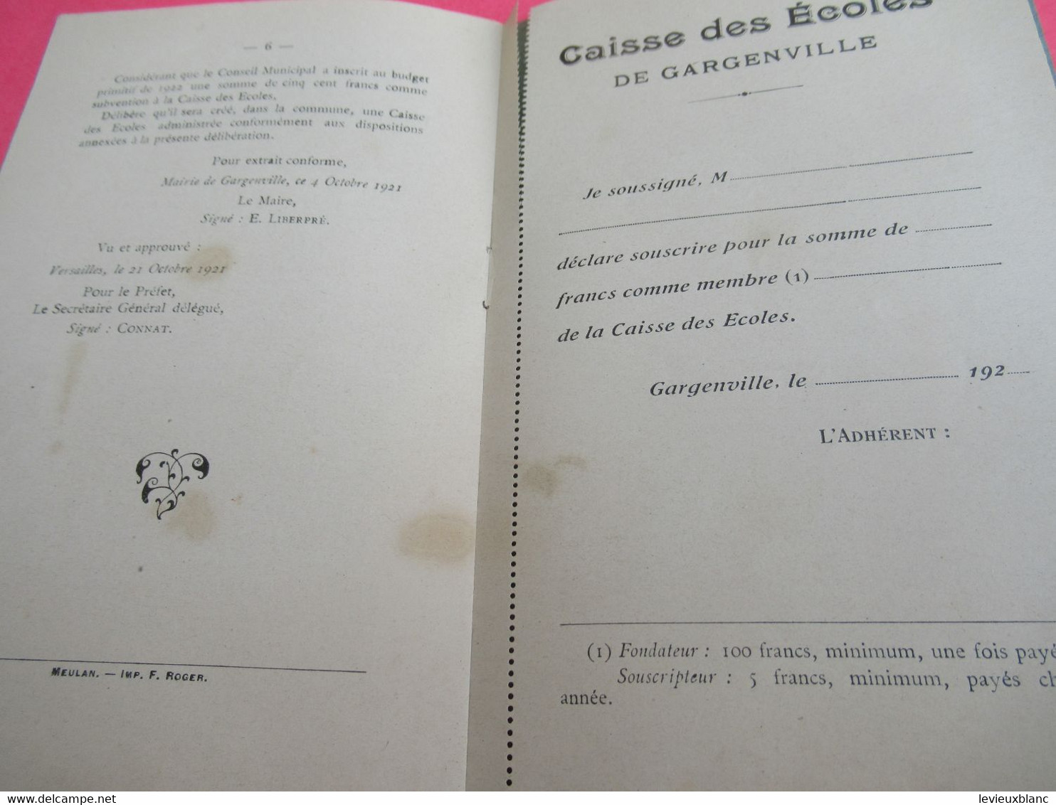 Commune  De GARGENVILLE /" Statuts De La Caisse Des Ecoles" / République Française/1921               CAH333 - Diplômes & Bulletins Scolaires