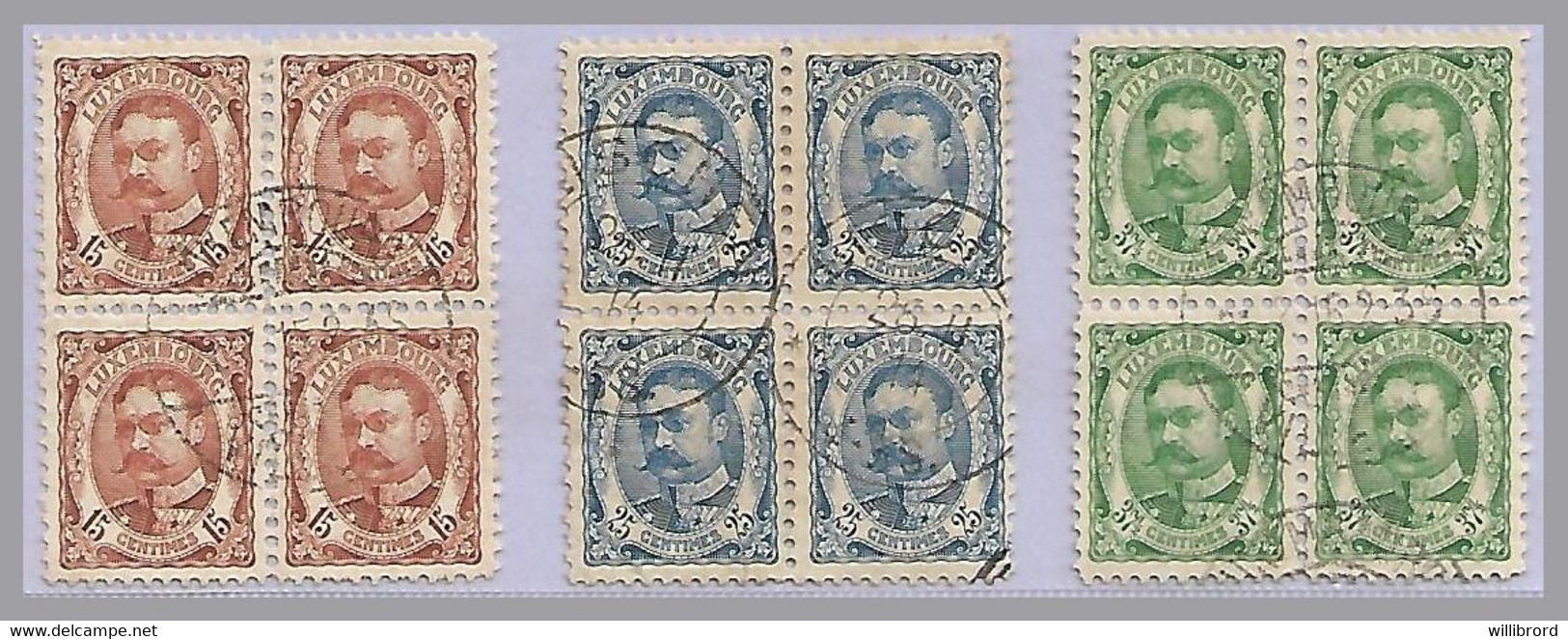 LUXEMBOURG - G.D. William IV - Used Blocks Of 4 - 15c, 25c, 37½c - 1906 Guglielmo IV