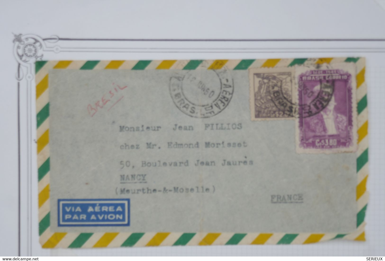 AX6 BRESIL  BELLE LETTRE DEVANT  1950  POUR  NANCY FRANCE +AEROPHILATELIE+++AFFRANCH. INTERESSANT - Briefe U. Dokumente