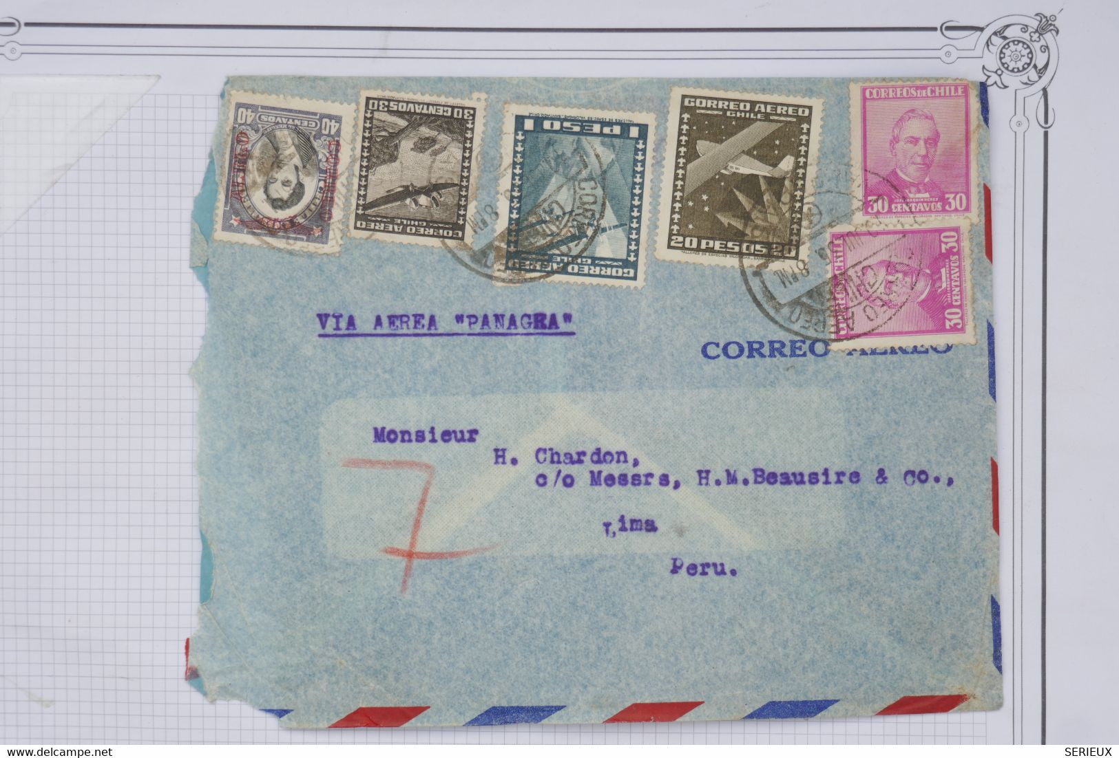 AX6 CHILI  BELLE LETTRE   1931 PAR AVION PANAGRA  POUR  LIMA PEROU +AFFRANCH. INTERESSANT - Chile