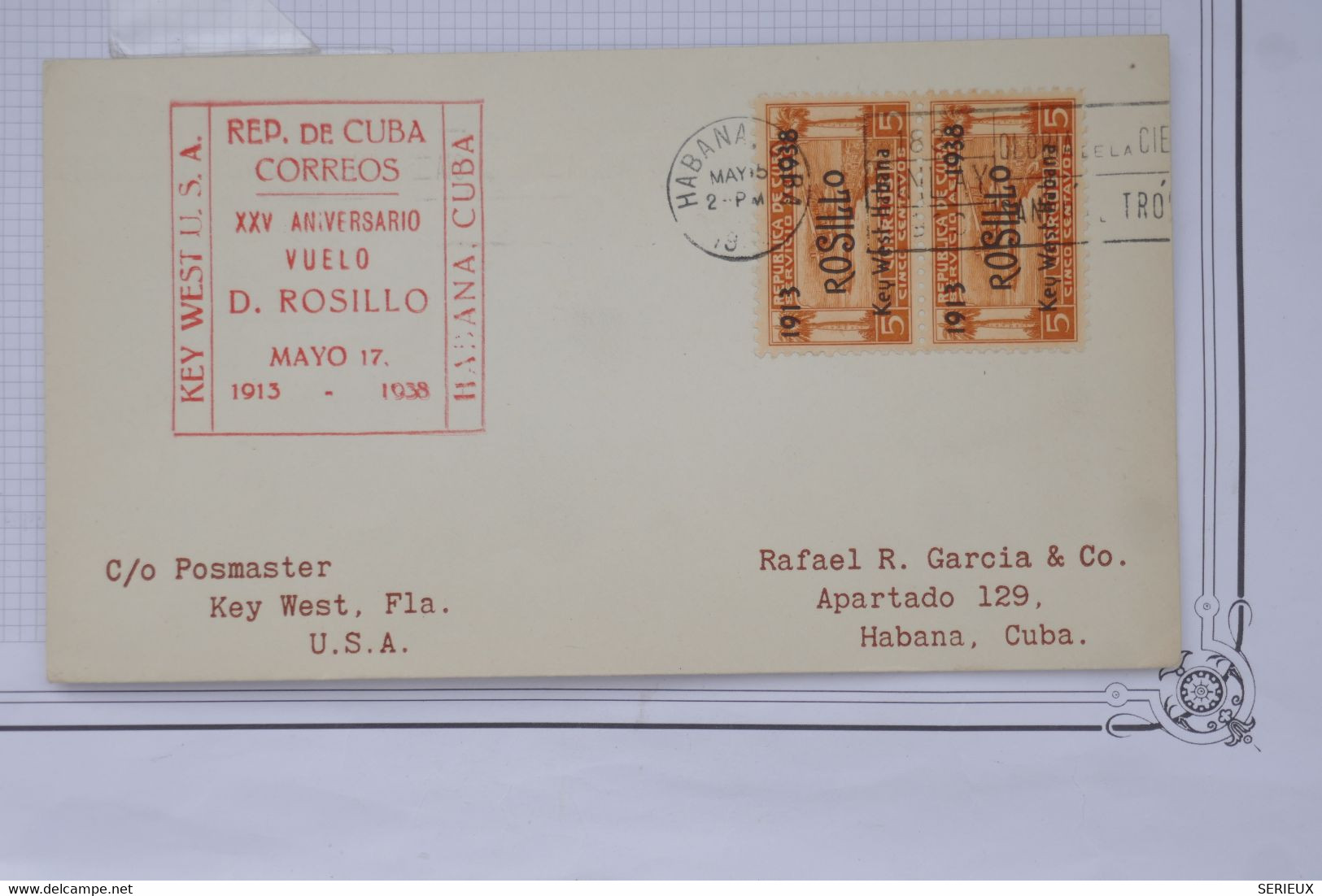 AX6 CUBA  BELLE LETTRE RARE  1938 VOL ROSILLO  POUR KAY WEST USA +PAIRE DE TP+++ AFFRANCH. INTERESSANT - Luftpost