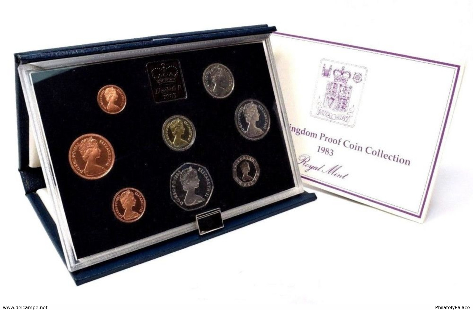 1983 Royal Mint Deluxe Proof Set Of 8 Proof Coin Blue Deluxe Blue Leatherette Covers & Brochure Uncirculated MNH - Autres & Non Classés