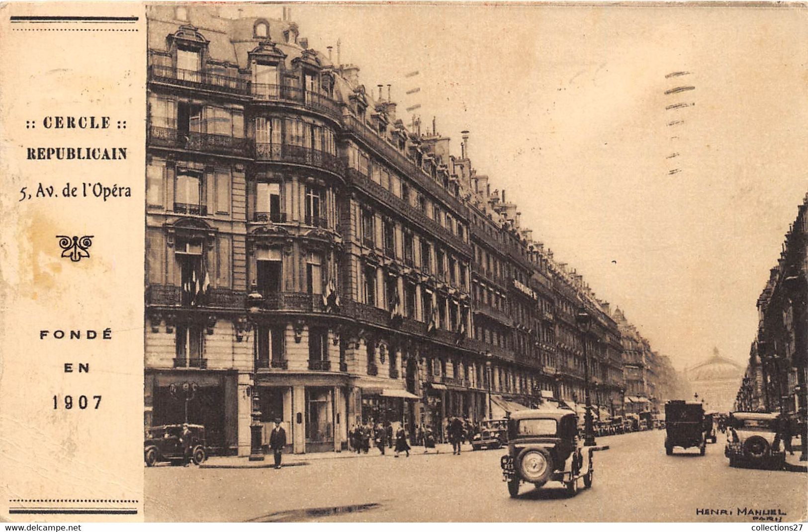 PARIS-75001-CERCLE REPUBLICAIN 5 AVENUE DE L'OPERA FONDE EN 1907 - Arrondissement: 01