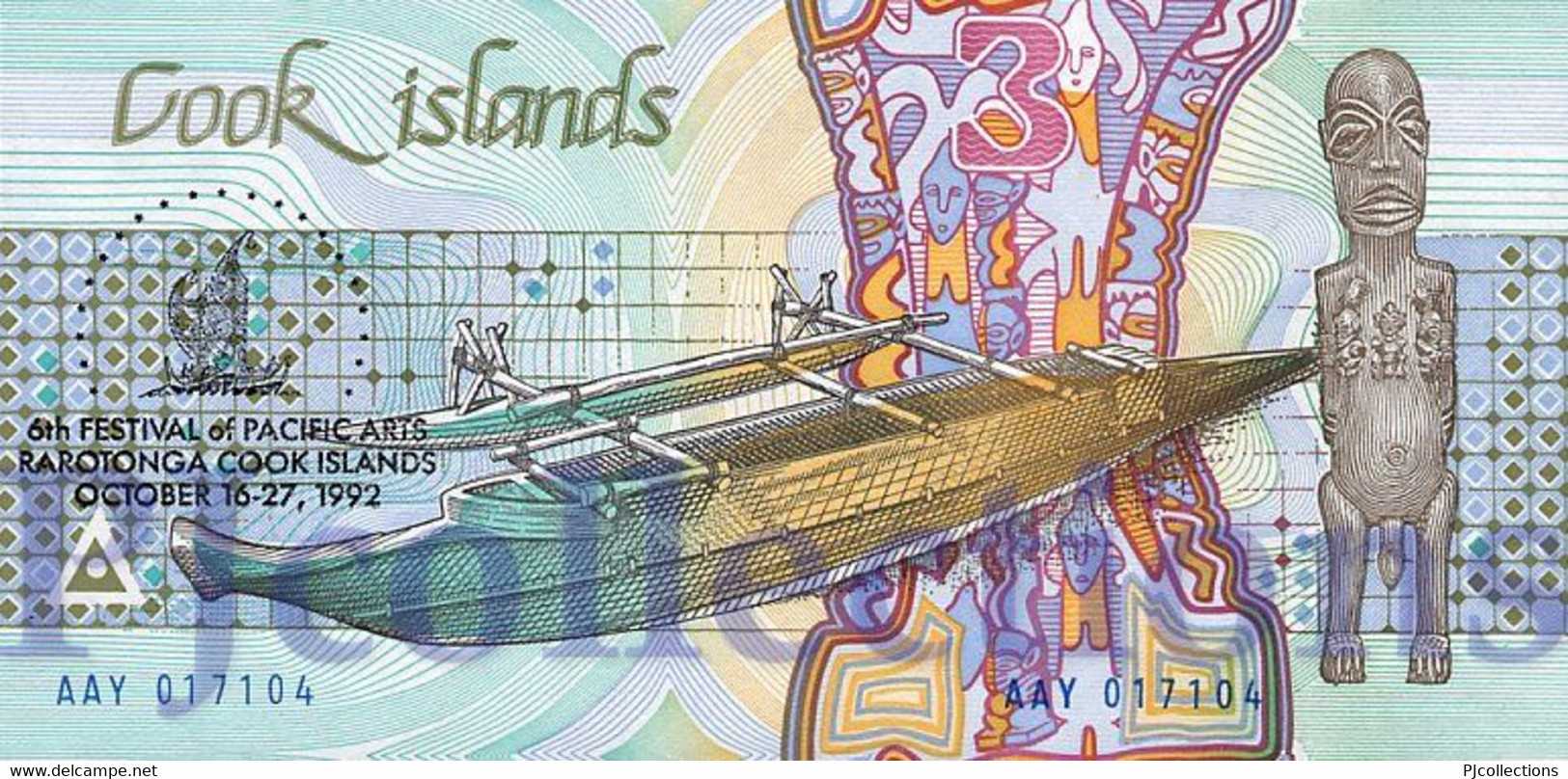 COOK ISLANDS 3 DOLLARS 1992 PICK 6 UNC - Cook Islands