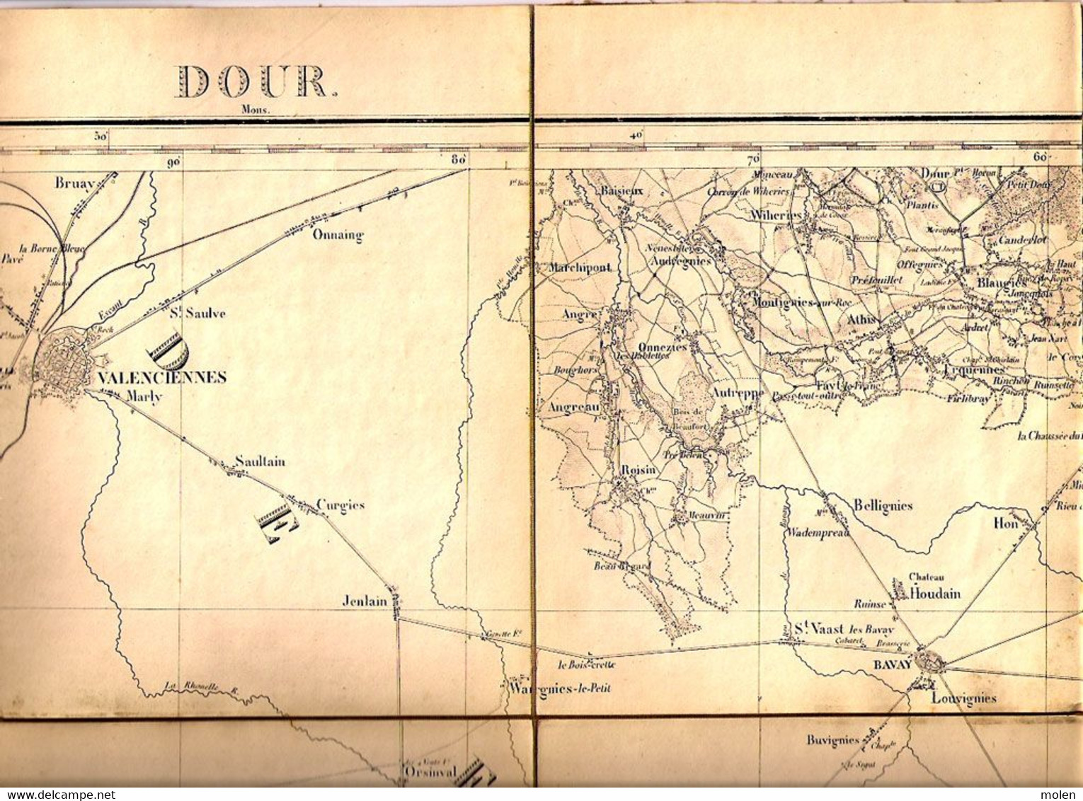 Ca 1850 CARTE D ETAT MAJOR DOUR & VALENCIENNES CAMBRAI LANDRECIES BOUCHAIN LE QUESNOY CATEAU AVESNES MAUBEUGE BAVAY S294 - Dour