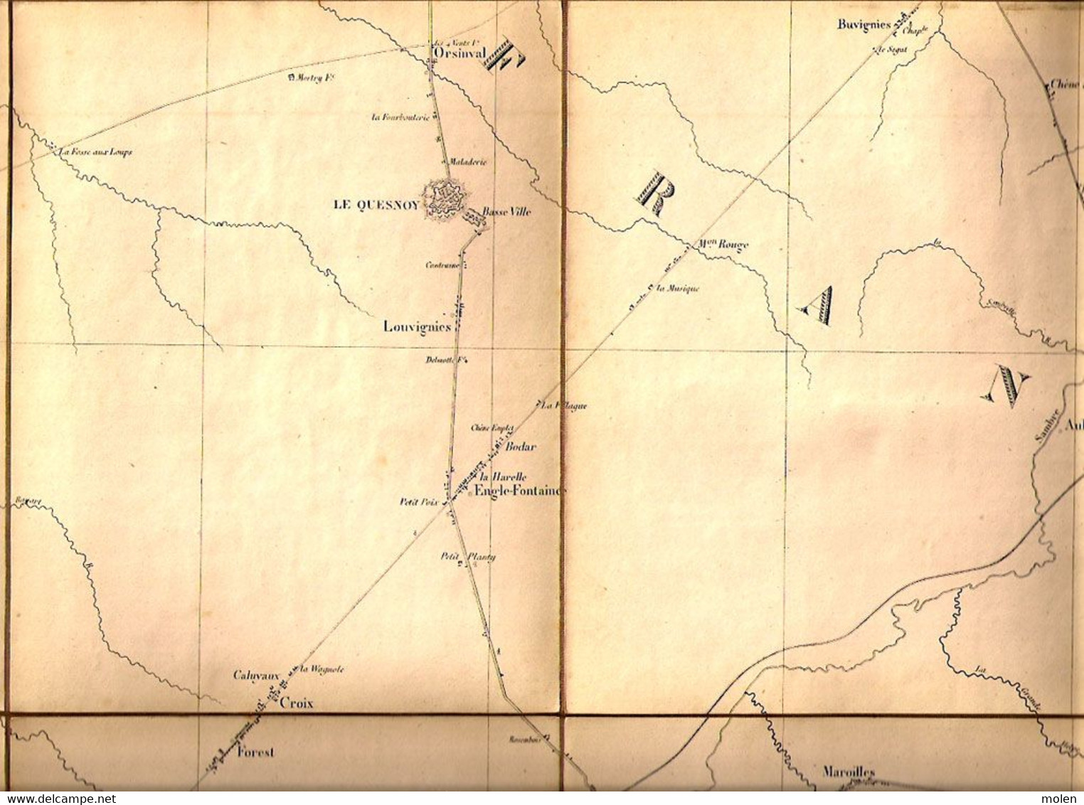 ca 1850 CARTE D ETAT MAJOR DOUR & VALENCIENNES CAMBRAI LANDRECIES BOUCHAIN LE QUESNOY CATEAU AVESNES MAUBEUGE BAVAY S294