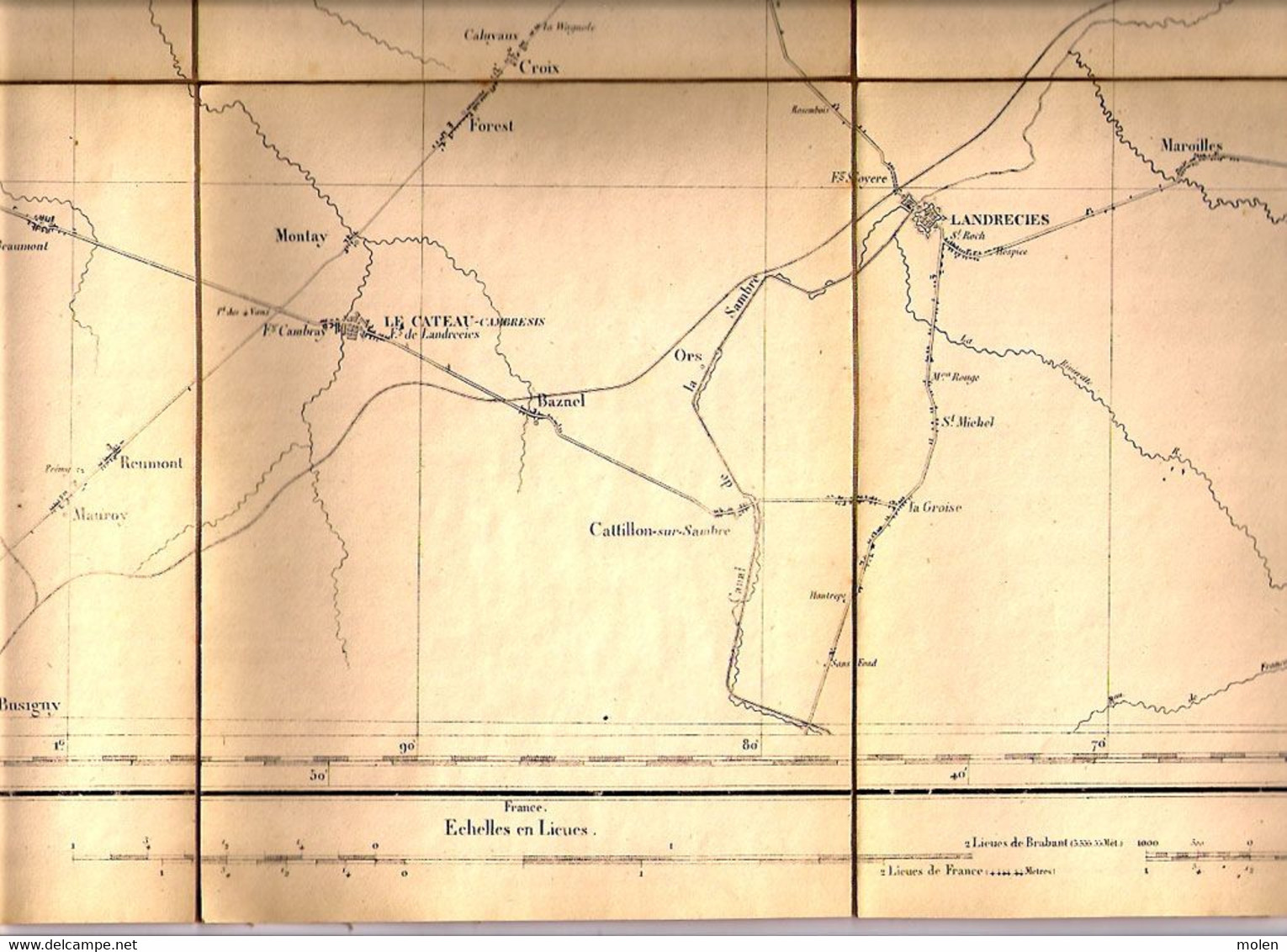 ca 1850 CARTE D ETAT MAJOR DOUR & VALENCIENNES CAMBRAI LANDRECIES BOUCHAIN LE QUESNOY CATEAU AVESNES MAUBEUGE BAVAY S294