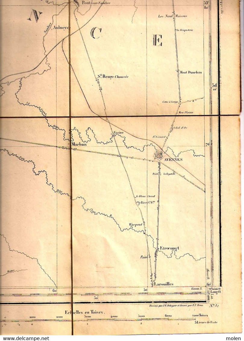 ca 1850 CARTE D ETAT MAJOR DOUR & VALENCIENNES CAMBRAI LANDRECIES BOUCHAIN LE QUESNOY CATEAU AVESNES MAUBEUGE BAVAY S294