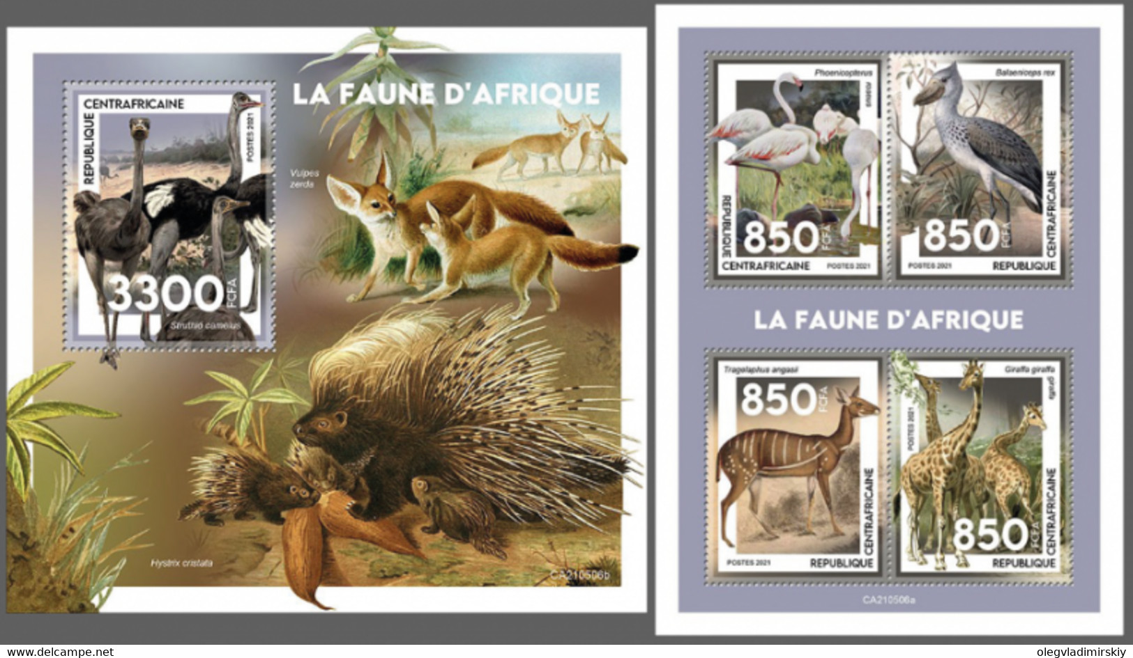 Central African Republic 2021 African Fauna Set Of 5 Stamps In 2 Blocks - Straussen- Und Laufvögel