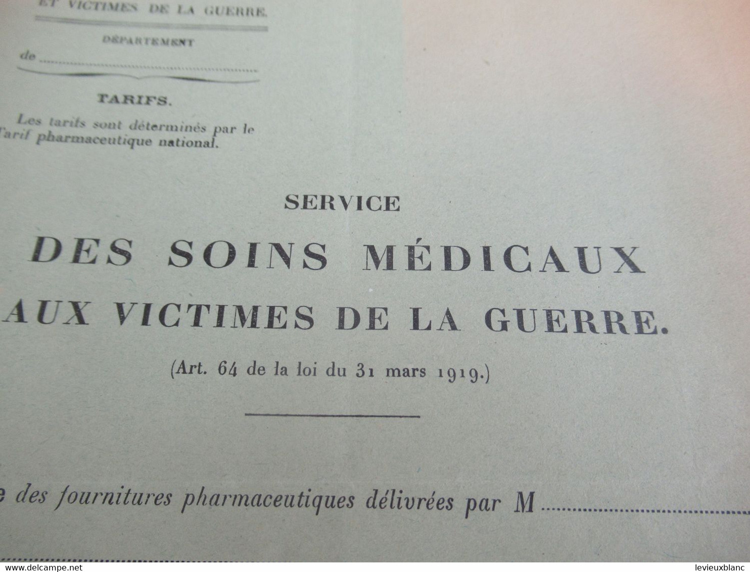 Ministère Des Anciens Combattants Et Victimes De La Guerre/Services Des Soins Médicaux/ PHARMACIE/1919   POIL210 - 1914-18