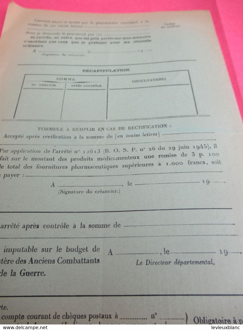 Ministère Des Anciens Combattants Et Victimes De La Guerre/Services Des Soins Médicaux/ PHARMACIE/1919   POIL210 - 1914-18