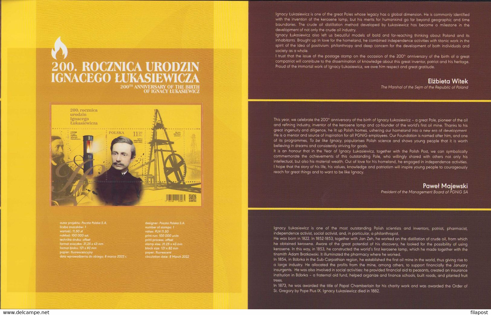 Poland 2022 Booklet / 200th Anniv Of Ignacy Łukasiewicz Birth, Polish Pharmacist, Entrepreneur, Mine, Lamp / Bl. MNH** - Libretti