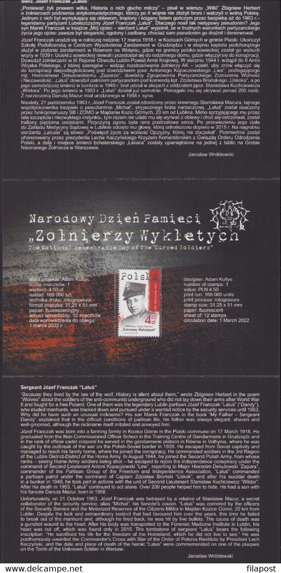 Poland 2022 Booklet - National Day Of Remembrance Of Blind Soldiers, Sergeant Jozef Franczak Polish Army Soldier / Block - Booklets