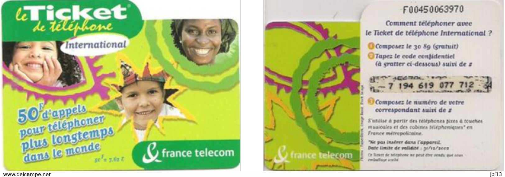 Ticket Téléphone - France Télécom - International Green 2 (50F=7,62€), Série F005 - FT