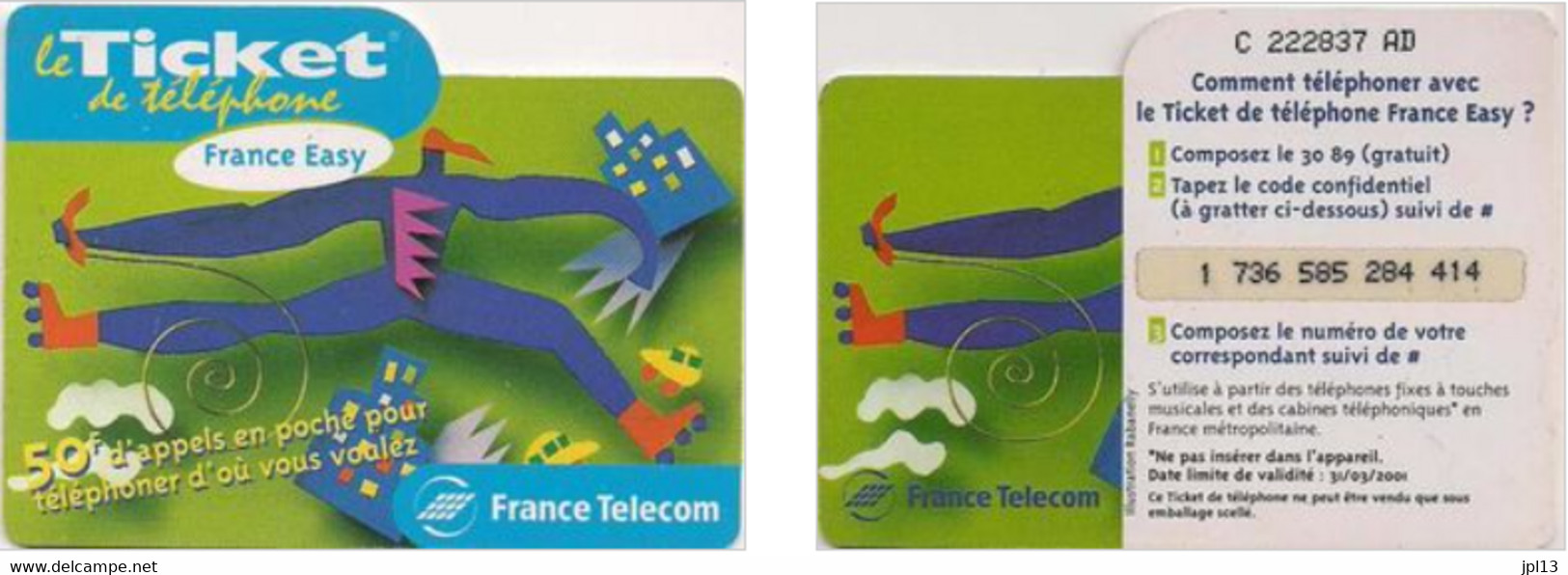 Ticket Téléphone - France Télécom - Easy Green 50F, Série D101262D - Biglietti FT