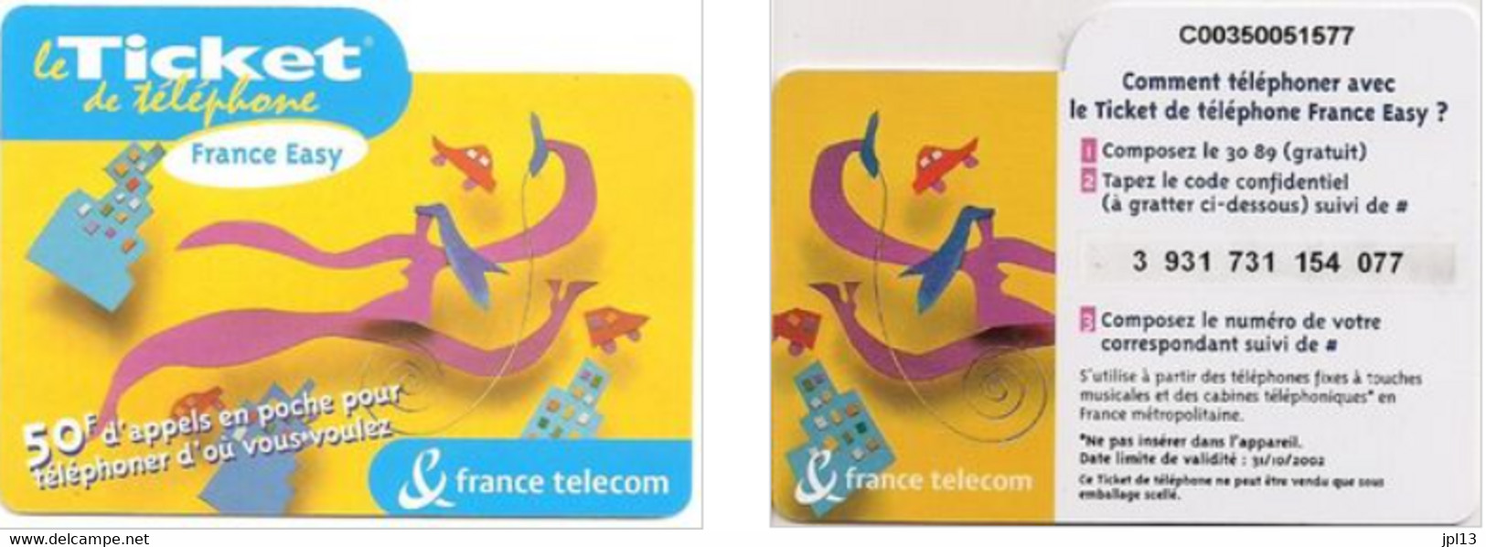 Ticket Téléphone - France Télécom - Easy Yellow 50F New Logo, Série C0035, Exp. 31/10/2002 - FT