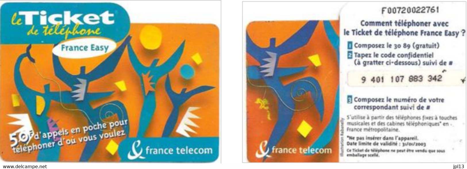 Ticket Téléphone - France Télécom - Easy Orange 50F New Logo, Série F0072, Exp. 31/01/2003 - FT Tickets