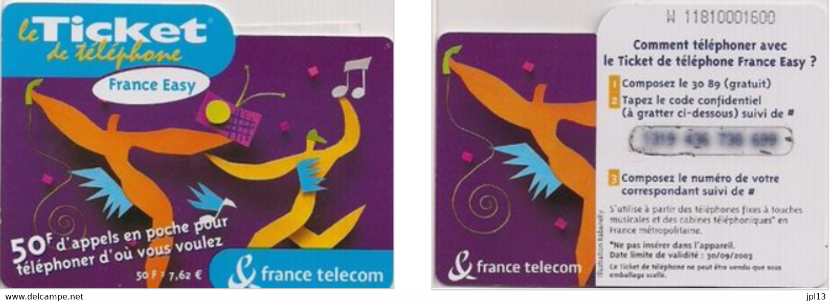 Ticket Téléphone - France Télécom - Easy Transistor 50F, Série W1175, Exp. 30/09/2003 - FT Tickets