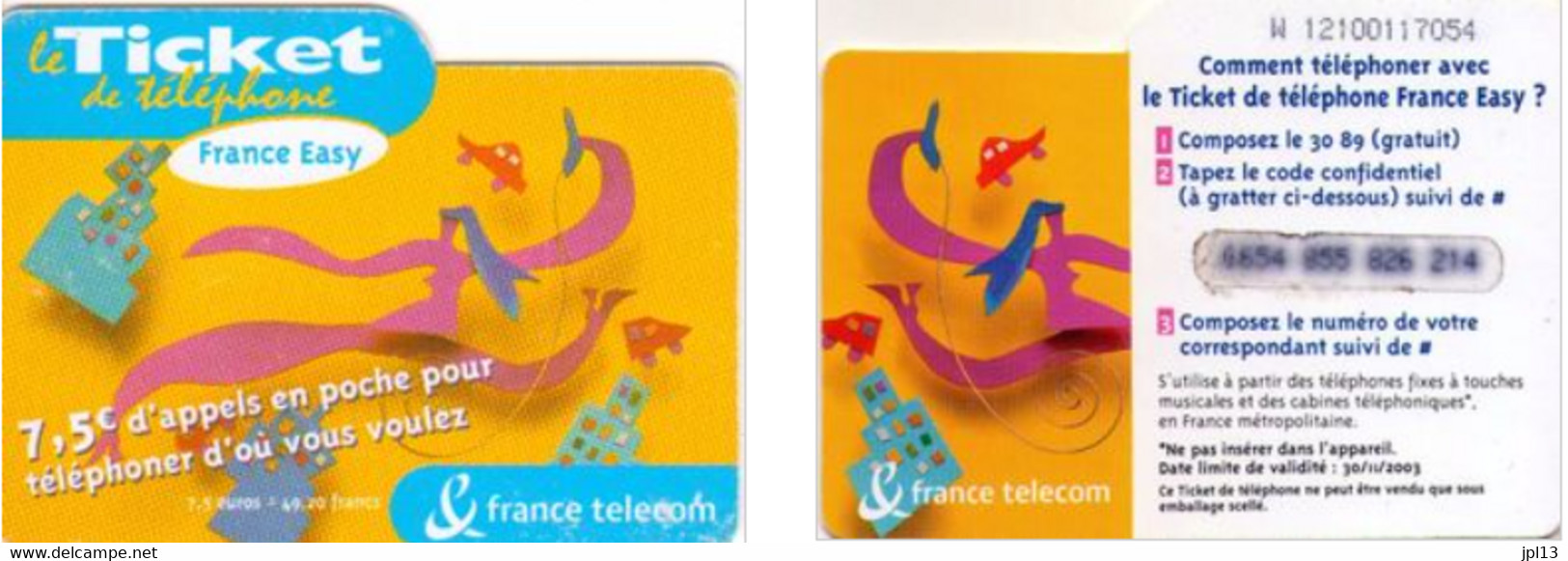 Ticket Téléphone - France Télécom - France Easy - Yellow 7,5€, Série W2265, Exp. 31/05/2004, PIn 2 3 3 3 3 - Biglietti FT