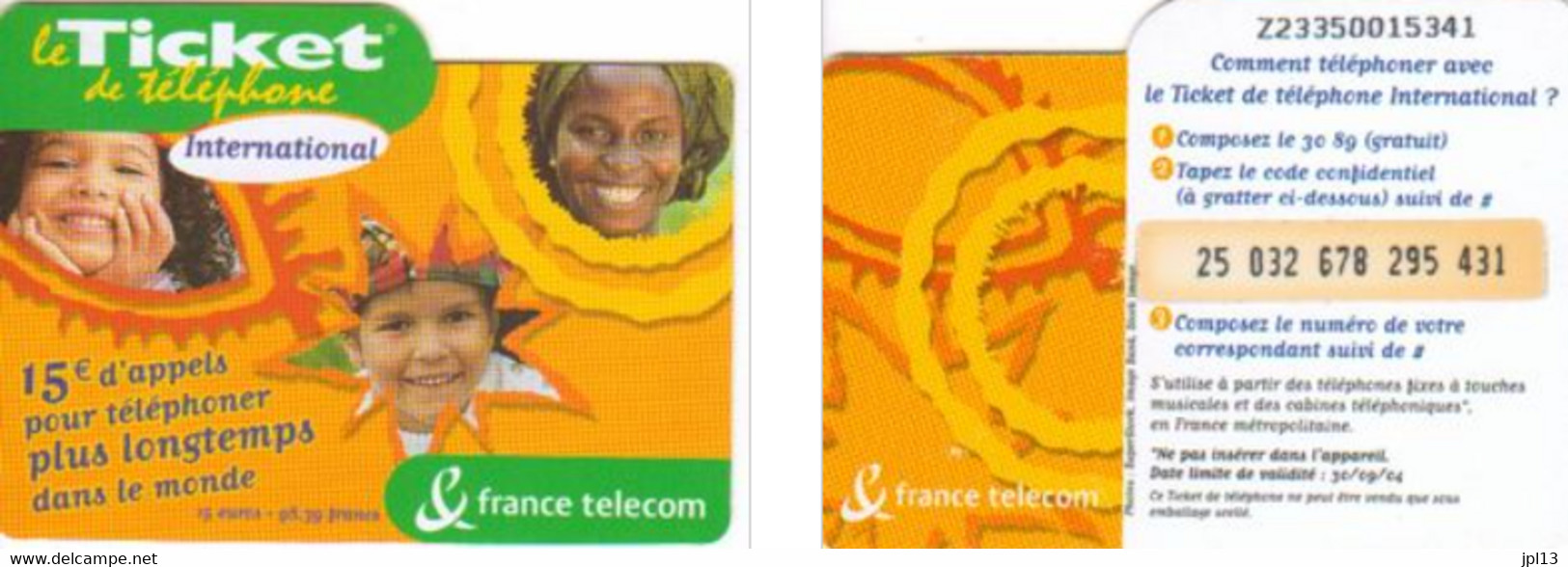 Ticket Téléphone - France Télécom - International - Faces Green 15€, Série Z2336, Exp. 30/09/2004, PIn 2 3 3 3 3 - FT Tickets