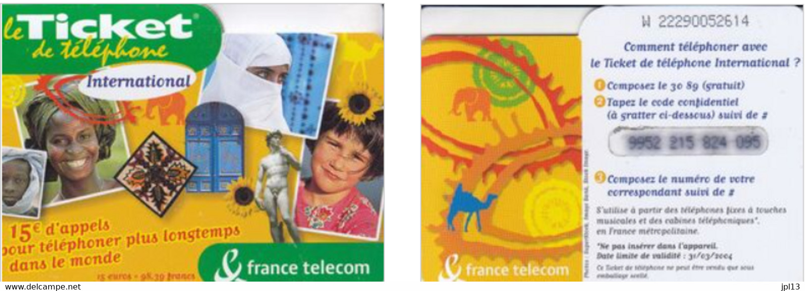 Ticket Téléphone - France Télécom - International - Faces 15€, Série Z2229, Exp. 31/03/2004 - Billetes FT
