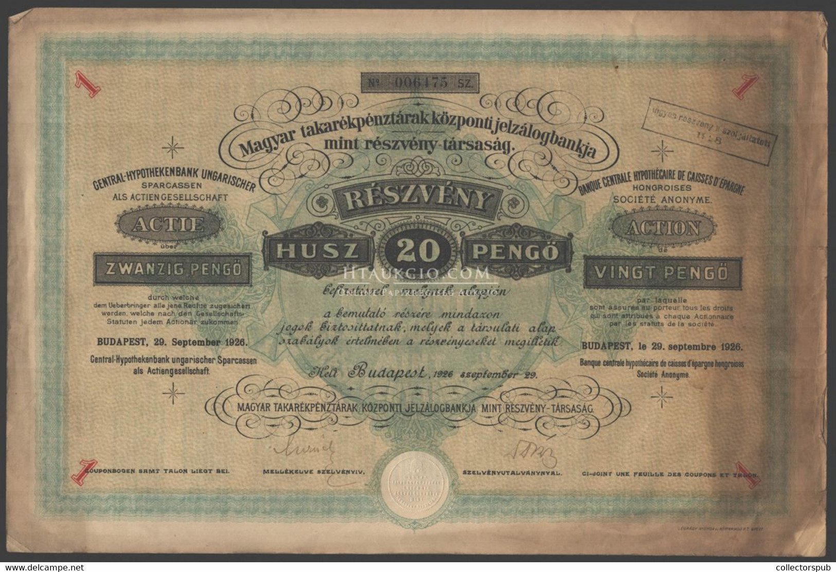 Magyar Takarékpénztárak Központi Jelzálogbankja  5db Részvény  1926 - Historical Documents