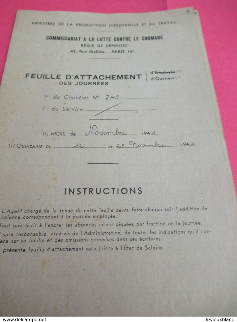 Ministère De La Production Industrielle Et Du Travail/ Commissariat à La Lutte Contre Le CHÔMAGE/ 1941   OL132 - 1914-18