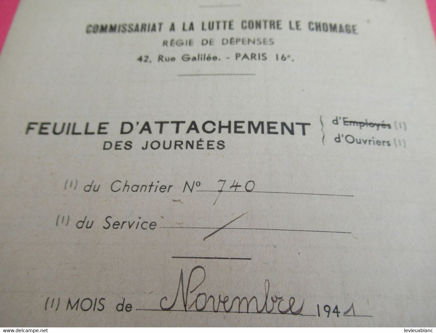 Ministère de la Production Industrielle et du Travail/ Commissariat à la lutte Contre le CHÔMAGE/ 1941   OL132