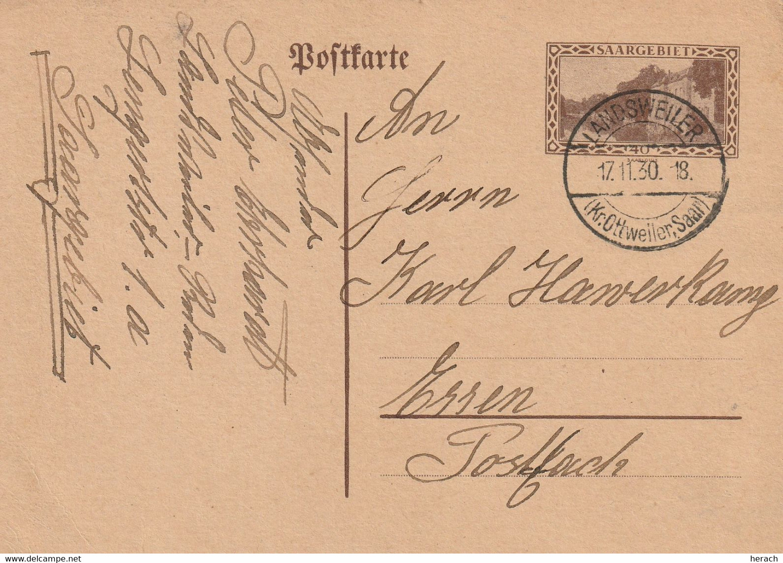 Sarre Entier Postal Landweiler 1930 - Ganzsachen