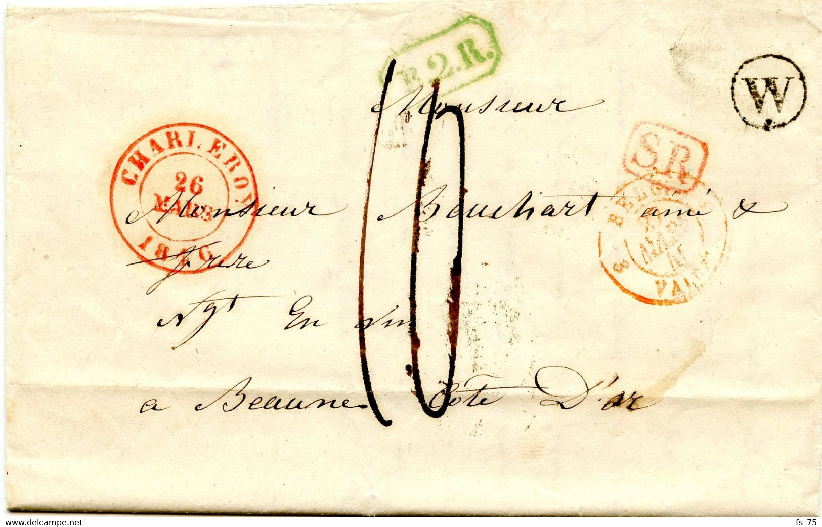 BELGIQUE - CAD CHARLEROI + SR + BOITE W SUR LETTRE AVEC TEXTE DE MONT SUR MARCHIENNE POUR LA FRANCE, 1846 - 1830-1849 (Belgique Indépendante)